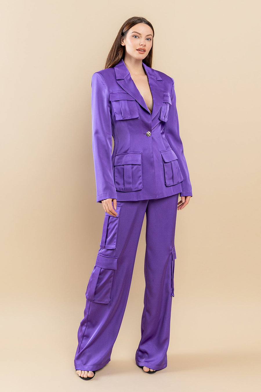 Pant Suit Solid Cargo Pocket Jacket Pant Set Violet