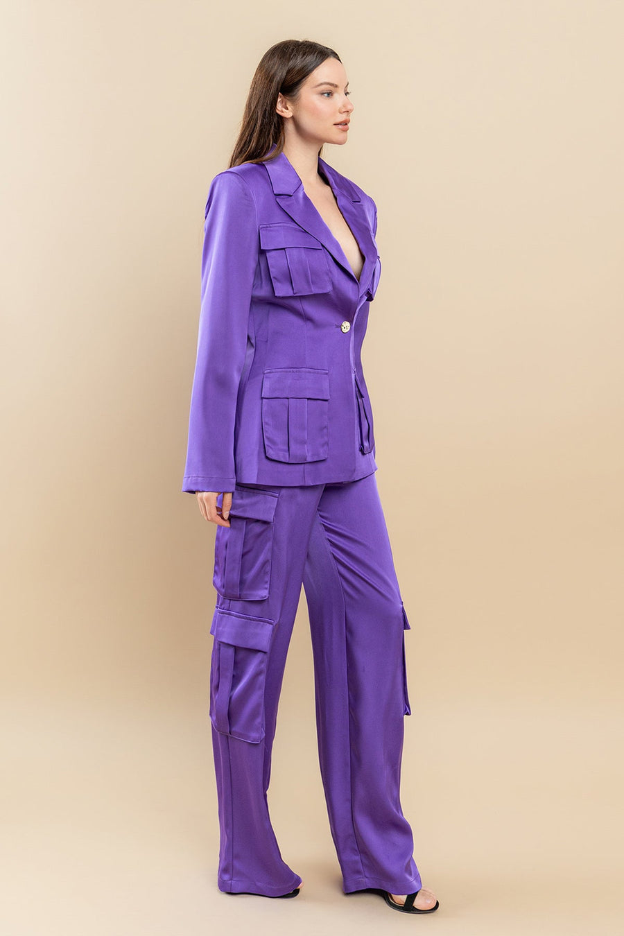 Pant Suit Solid Cargo Pocket Jacket Pant Set Violet