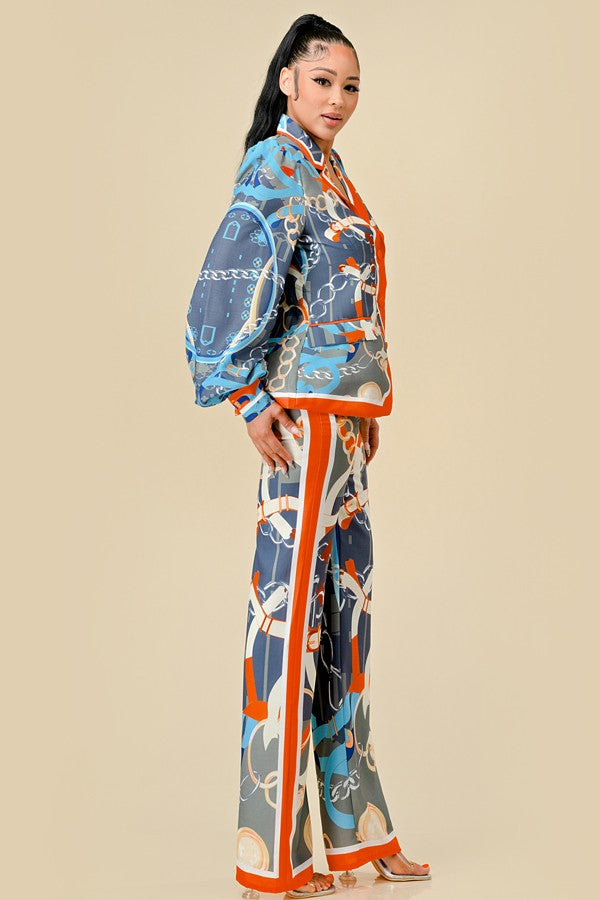 Pant Suit Printed Kimono Blazer Pant Set Charcoal/Orange