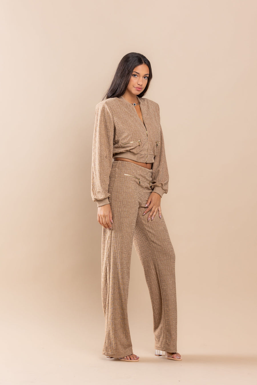 Pant Suit Gingham Pattern Zip Up Jacket Pant Set Mocha