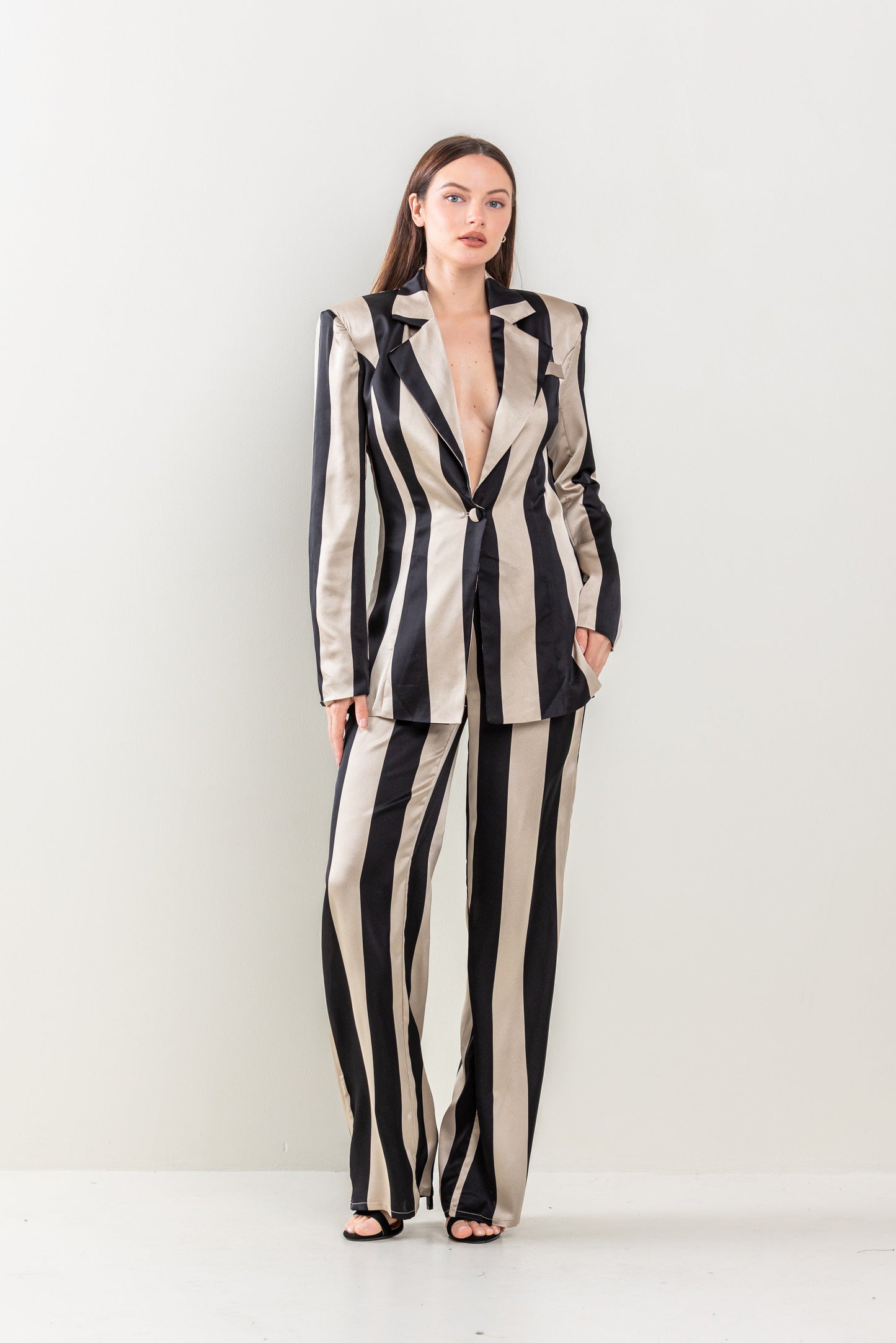 Pant Suit Stripe Jacket Long Pant Set Taupe/Black