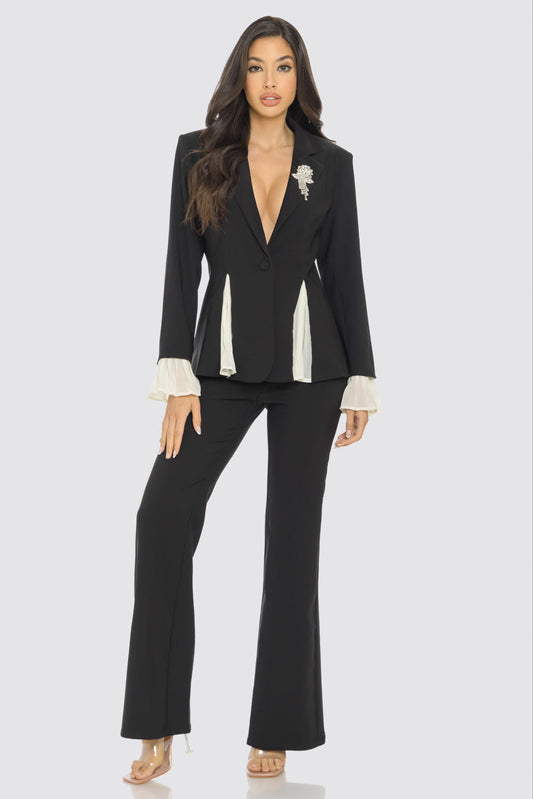 Pant Suit Pleated Contrast Inset Blazer Pant Set Black