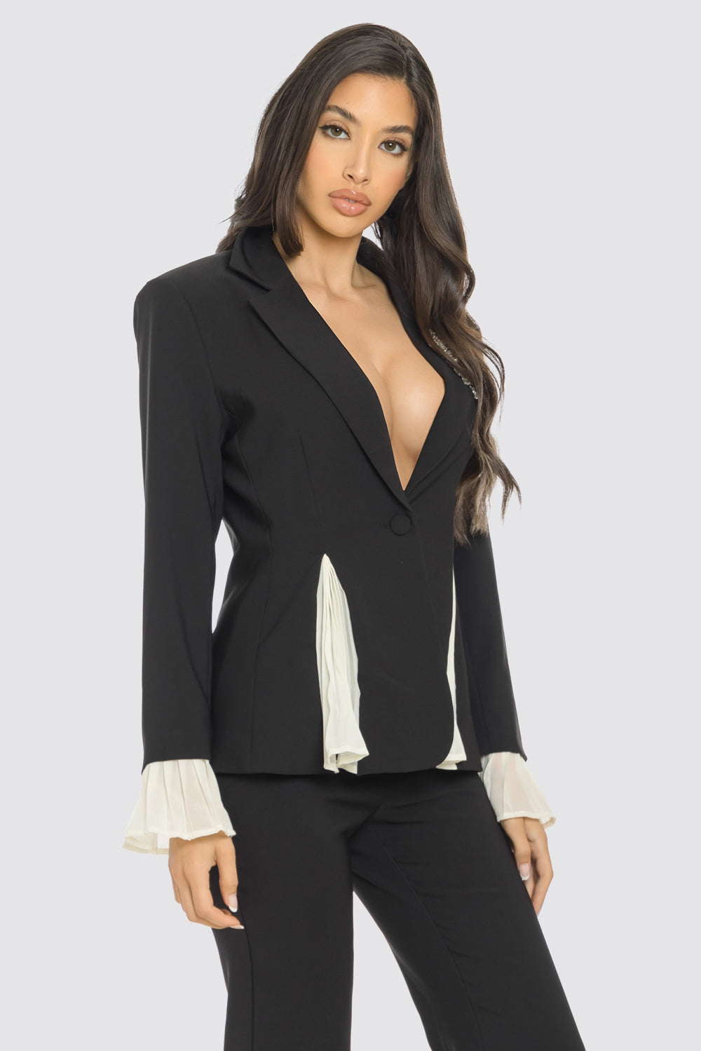 Pant Suit Pleated Contrast Inset Blazer Pant Set  Black