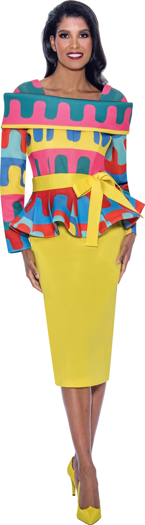 Plus Size Dresses Plus Size Mother of the Bride Midi Belt Dress Yellow/Multi