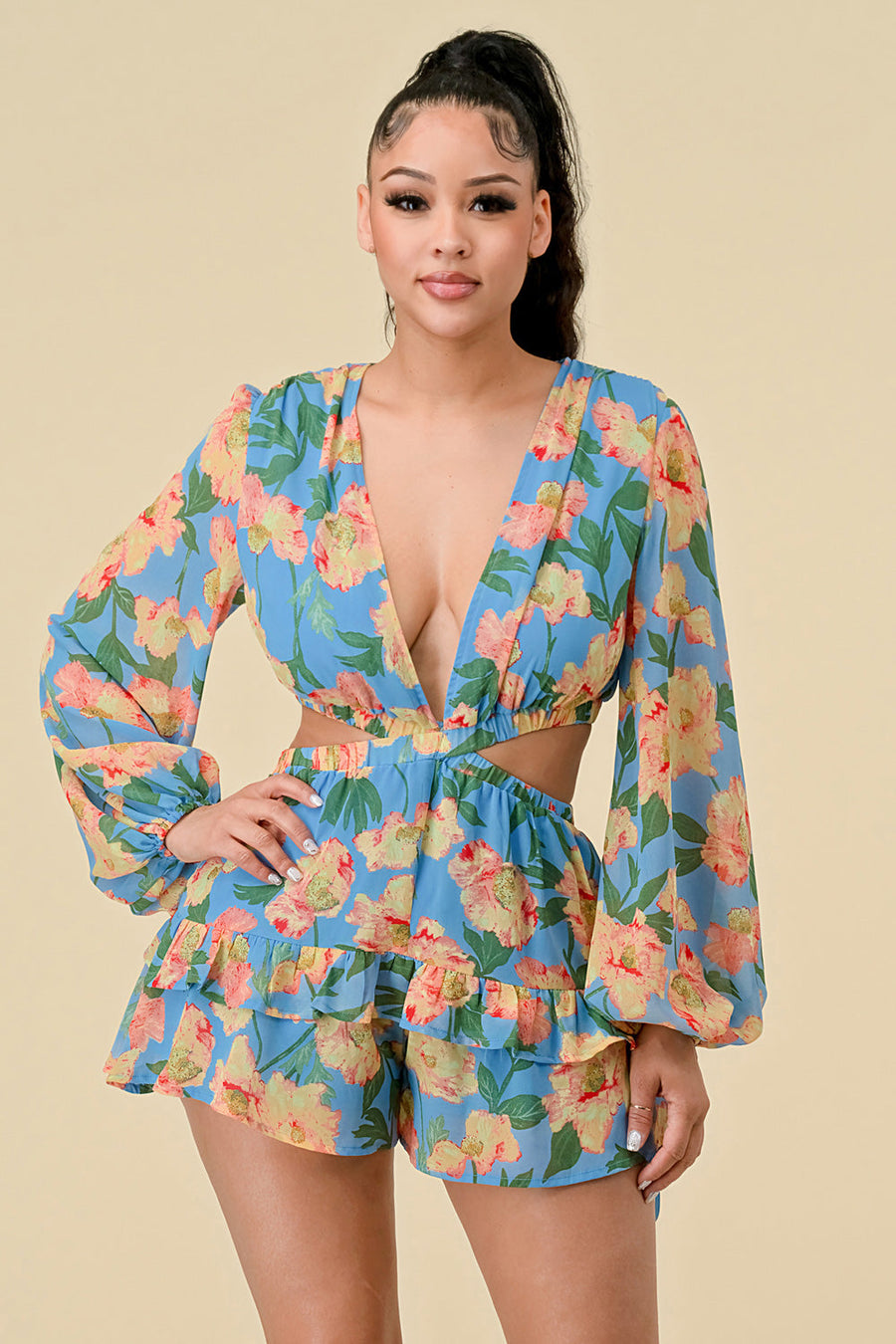 Cocktail Dresses Long Sleeve Floral Print Mini Dress Blue Combo