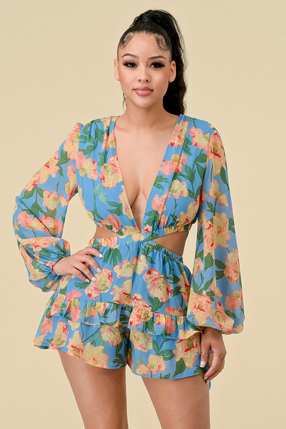 Cocktail Dresses Long Sleeve Floral Print Mini Dress Blue Combo