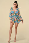 Cocktail Dresses Long Sleeve Floral Print Mini Dress Blue Combo