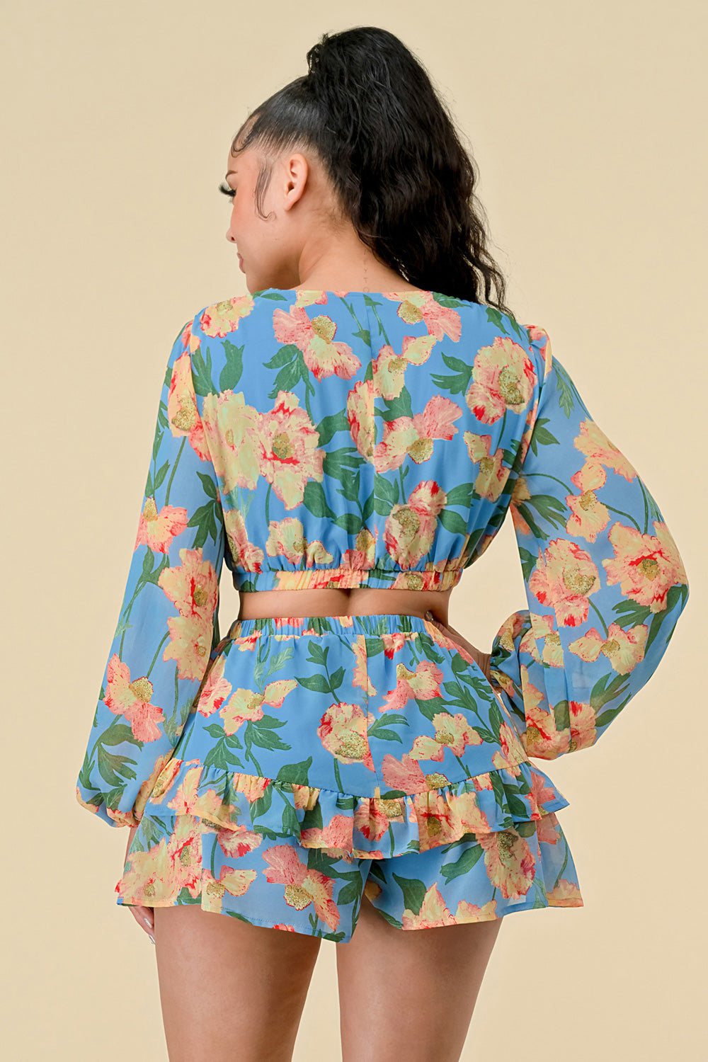 Cocktail Dresses Long Sleeve Floral Print Mini Dress Blue Combo