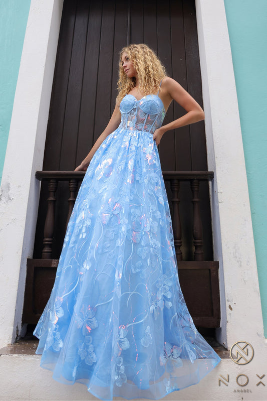 Prom Dresses A Line Long Formal Floral Print Prom Dress Dusty Blue