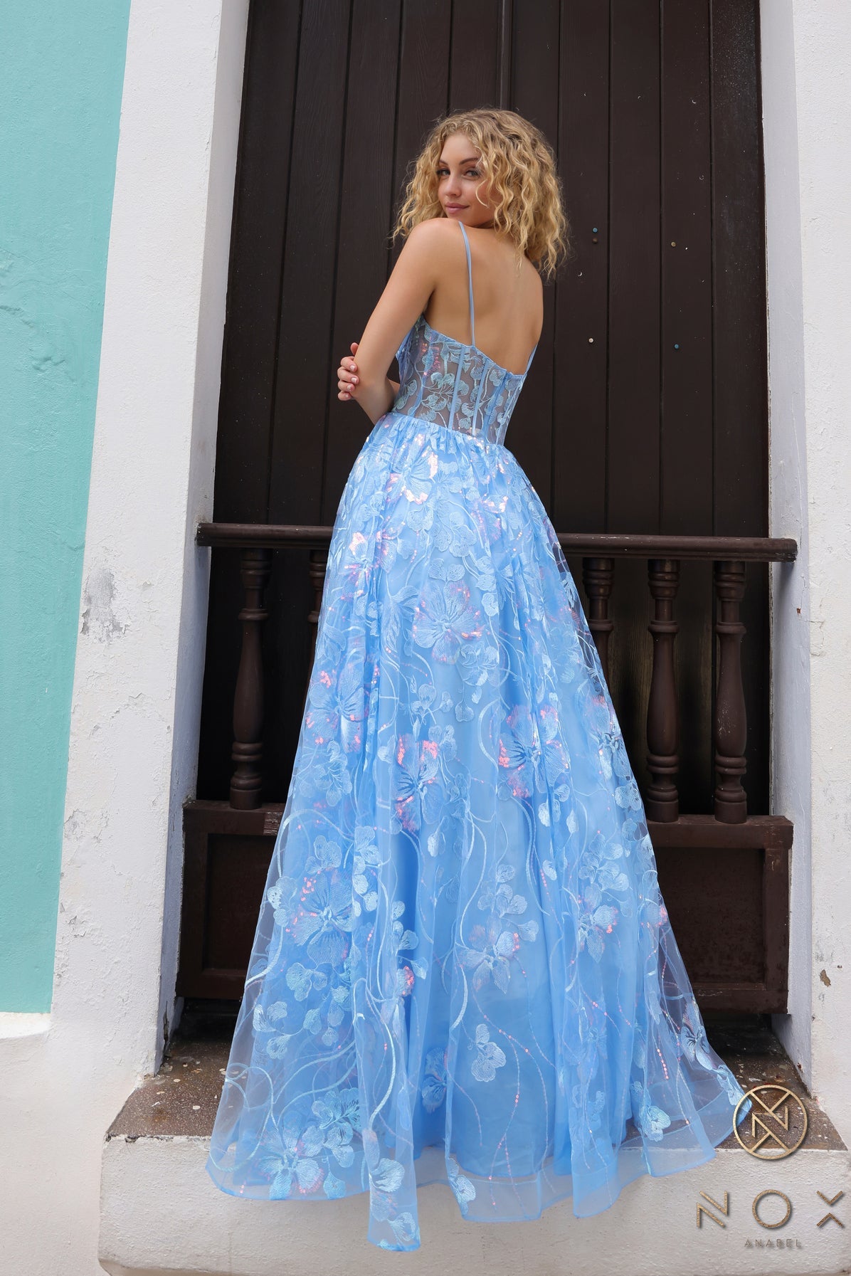 Prom Dresses A Line Long Formal Floral Print Prom Dress Dusty Blue