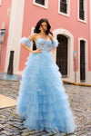 Prom Dresses Long Formal Detachable Sleeve A Line Prom Dress Light Blue