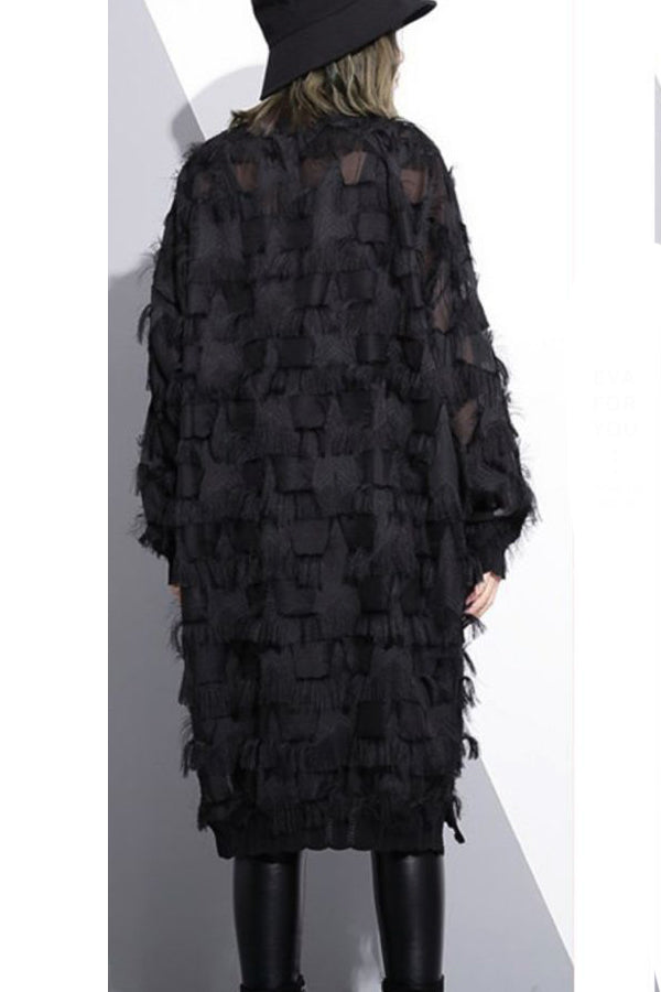 Cocktail Dresses Long Sleeve Fringe Feathered Lavish High Neck Short Dress Black