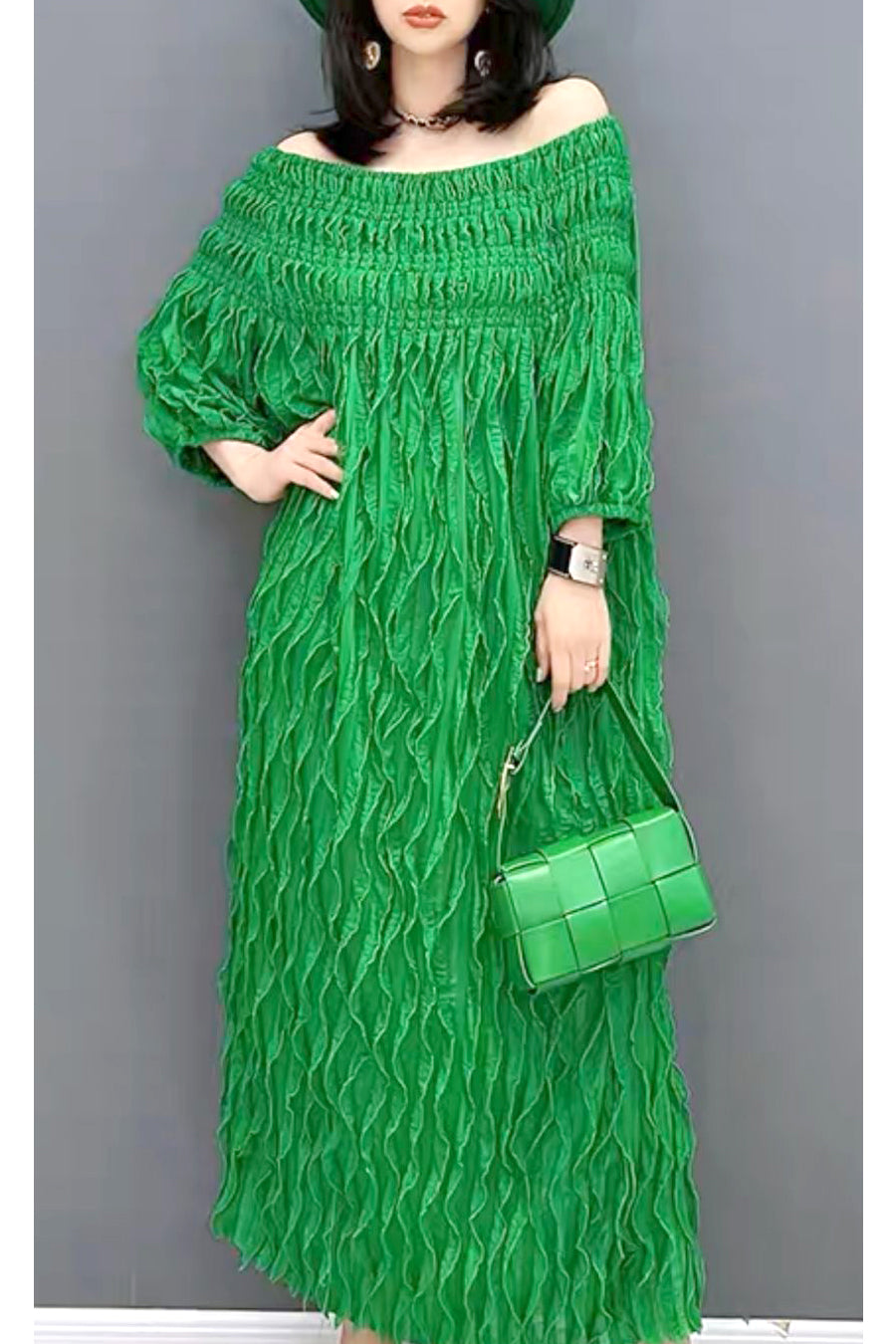 Cocktail Dresses Half Sleeve Off Shoulder Wrinkled Midi Dress  Green