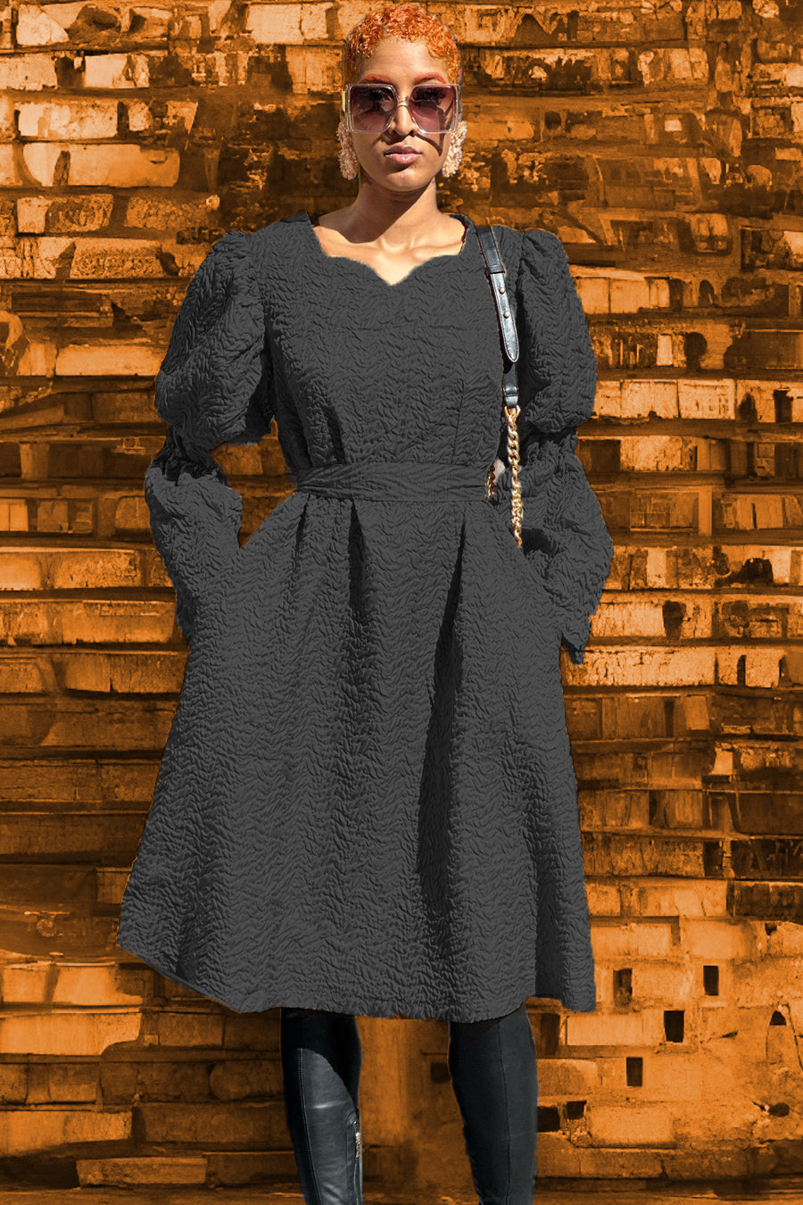 Cocktail Dresses Long Sleeve V Neck Popcorn Short Dress Black