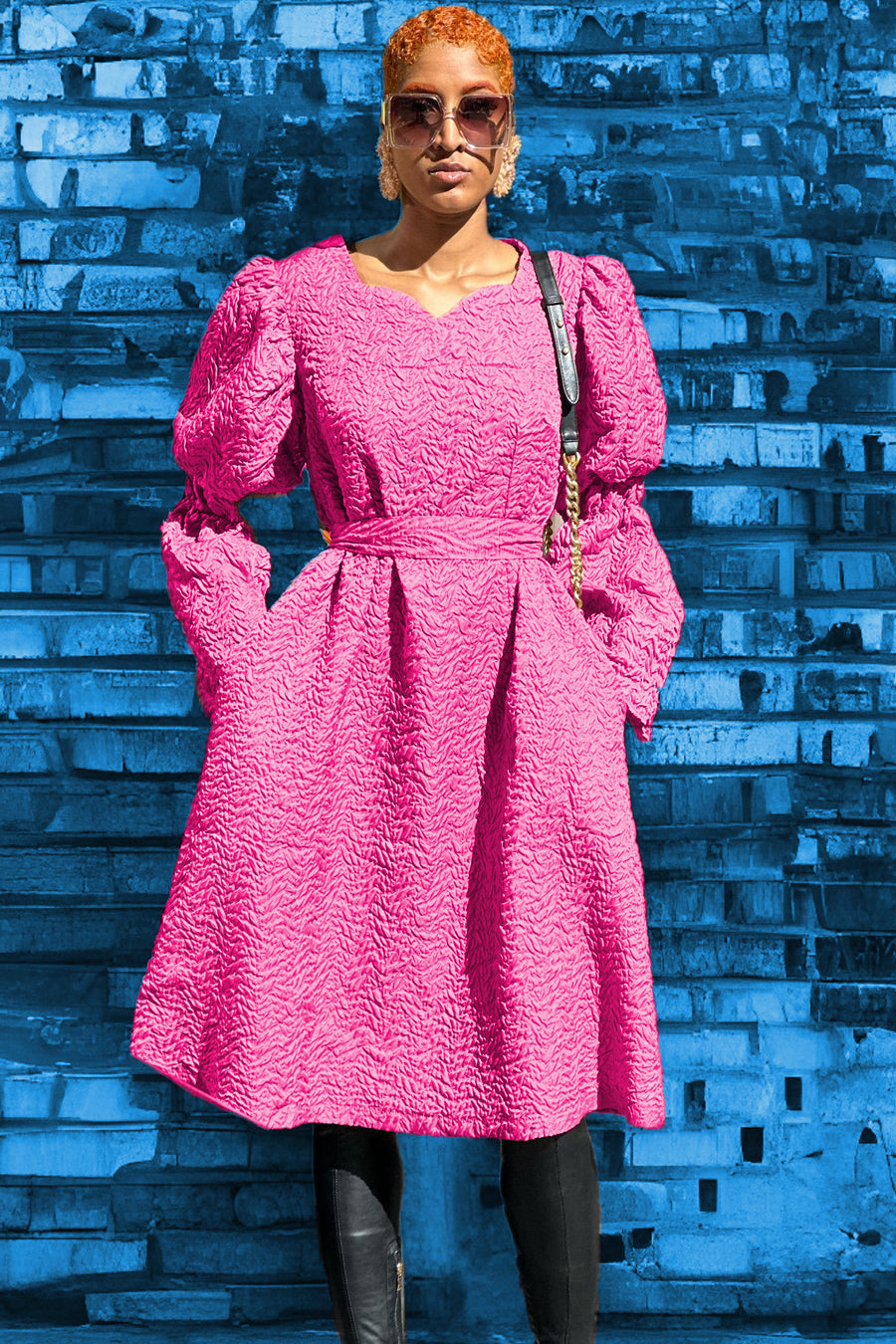 Cocktail Dresses Long Sleeve V Neck Popcorn Short Dress Pink