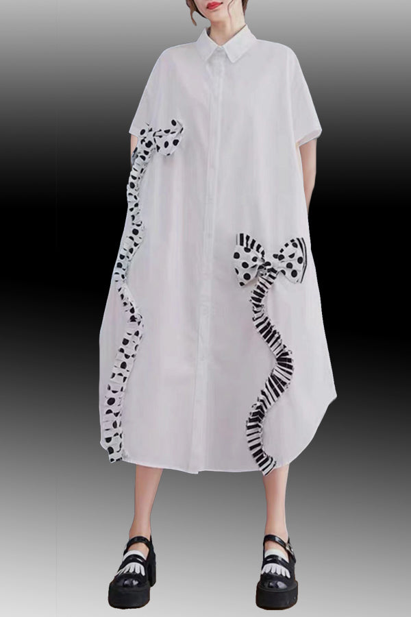 Cocktail Dresses Short Sleeve Button Down Collar Ribbon Cotton Midi Dress White