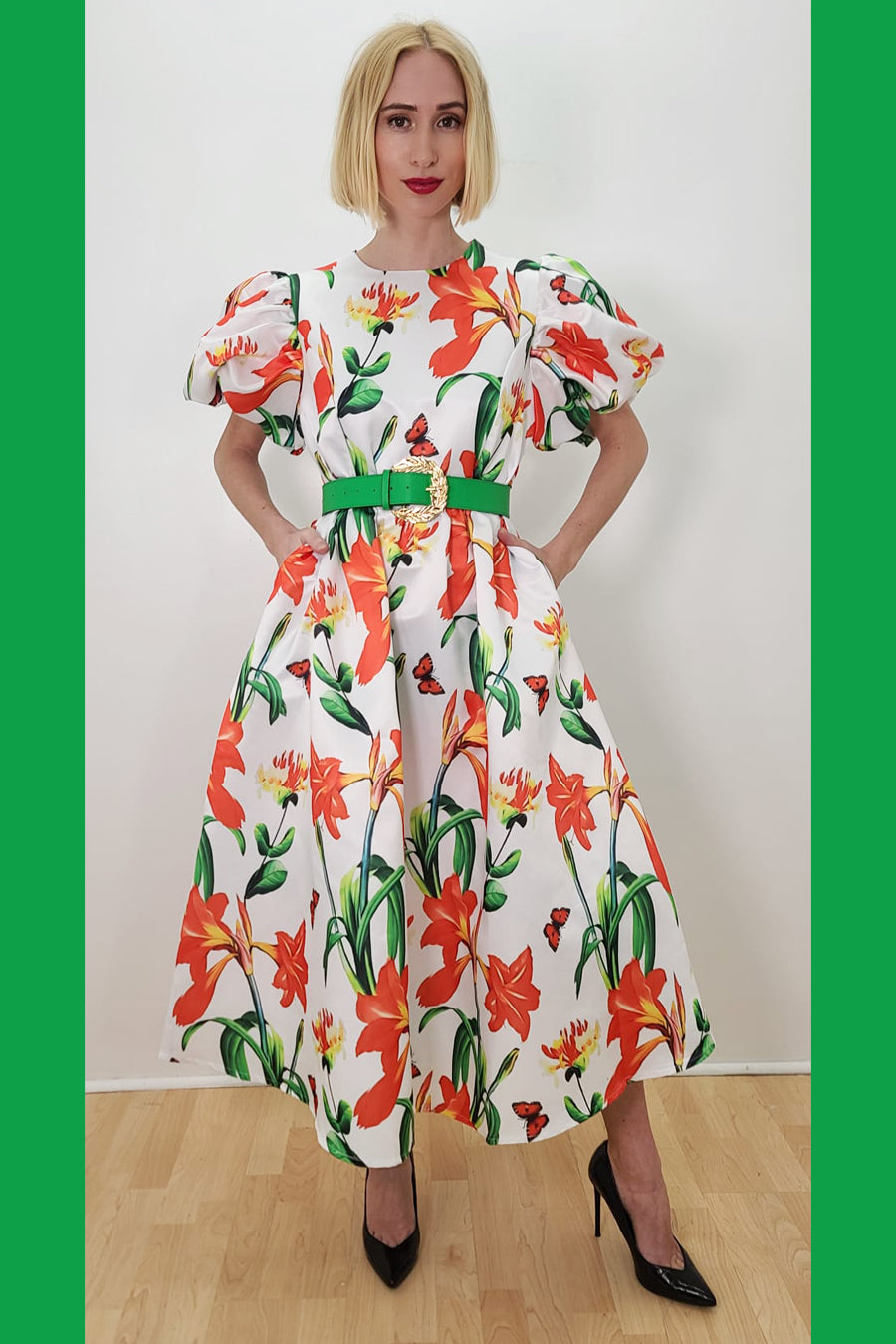 Formal Dresses Puff Sleeve Flower Print Pockets Midi Dress Multi