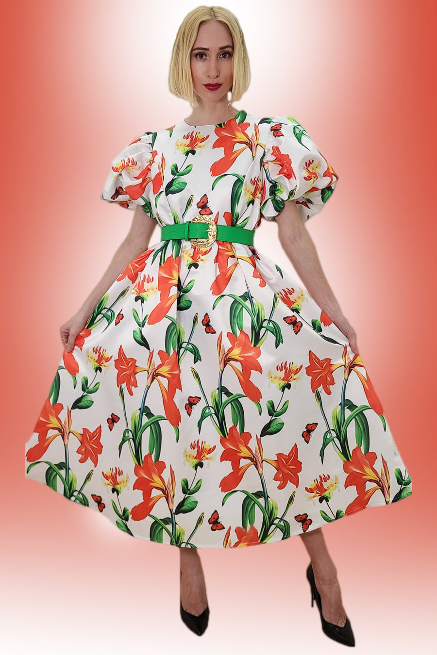 Formal Dresses Puff Sleeve Flower Print Pockets Midi Dress Multi