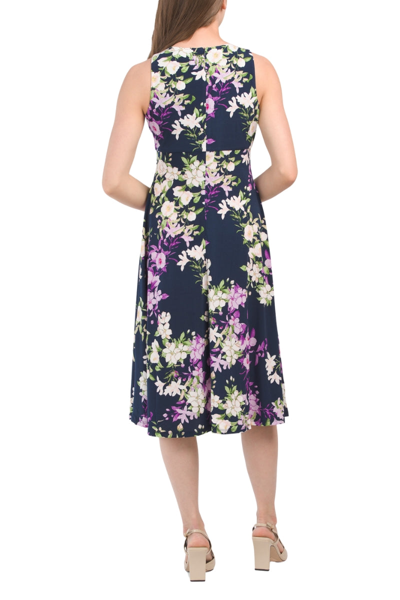 Cocktail Dresses Pleated Short Cocktail Floral Print Midi Dress Navy Purple
