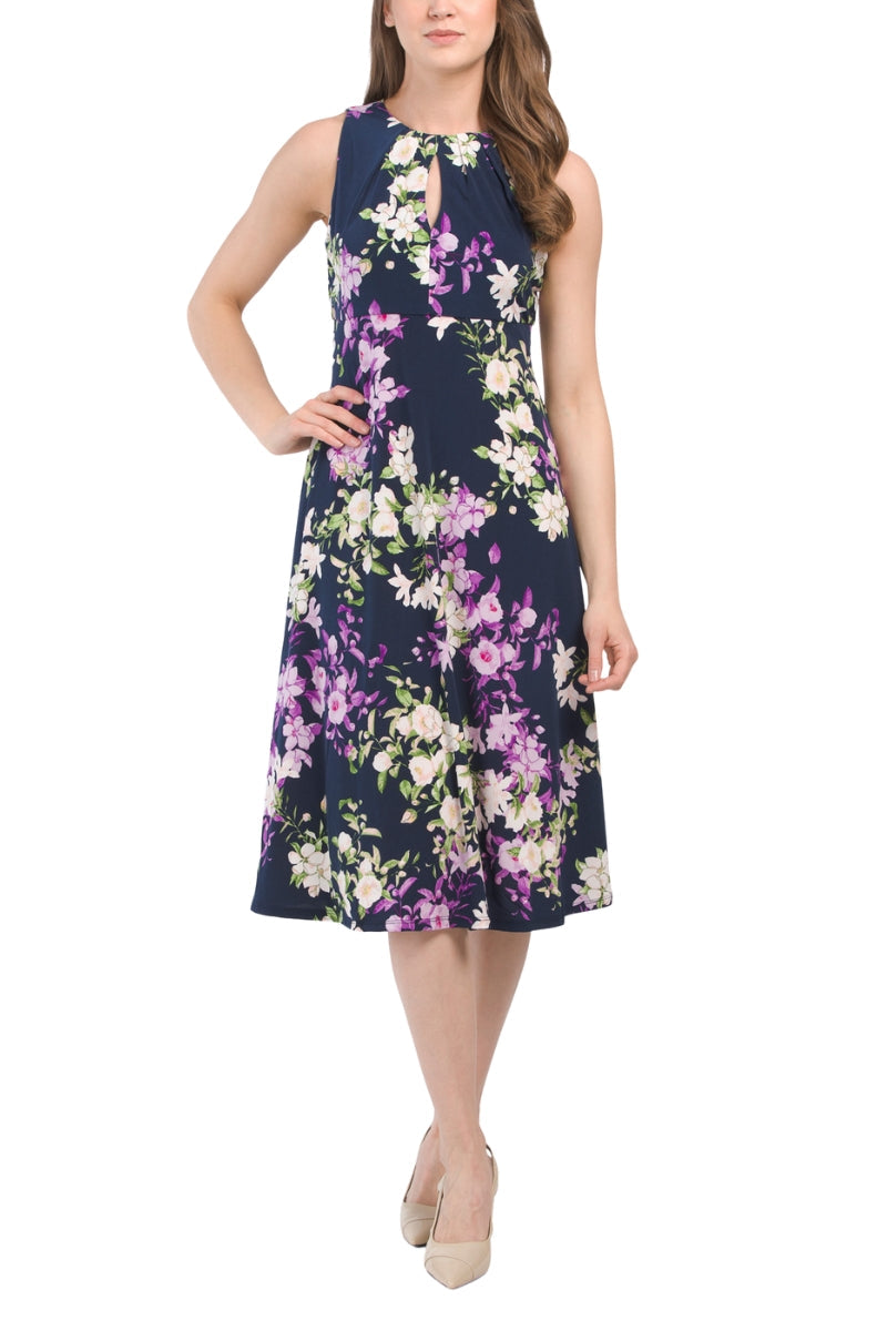 Cocktail Dresses Pleated Short Cocktail Floral Print Midi Dress Navy Purple