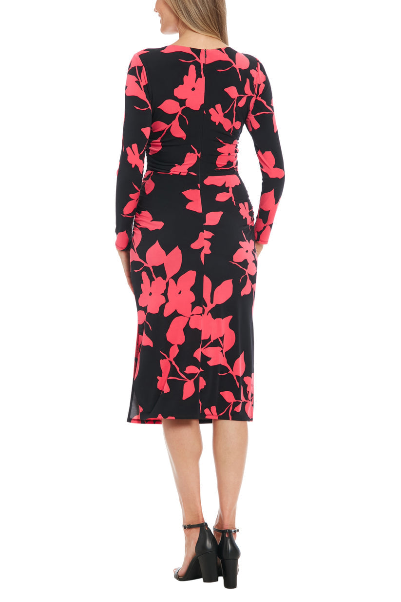 Cocktail Dresses Printed Long Sleeve Fitted Midi Cocktail Dress Black Berry