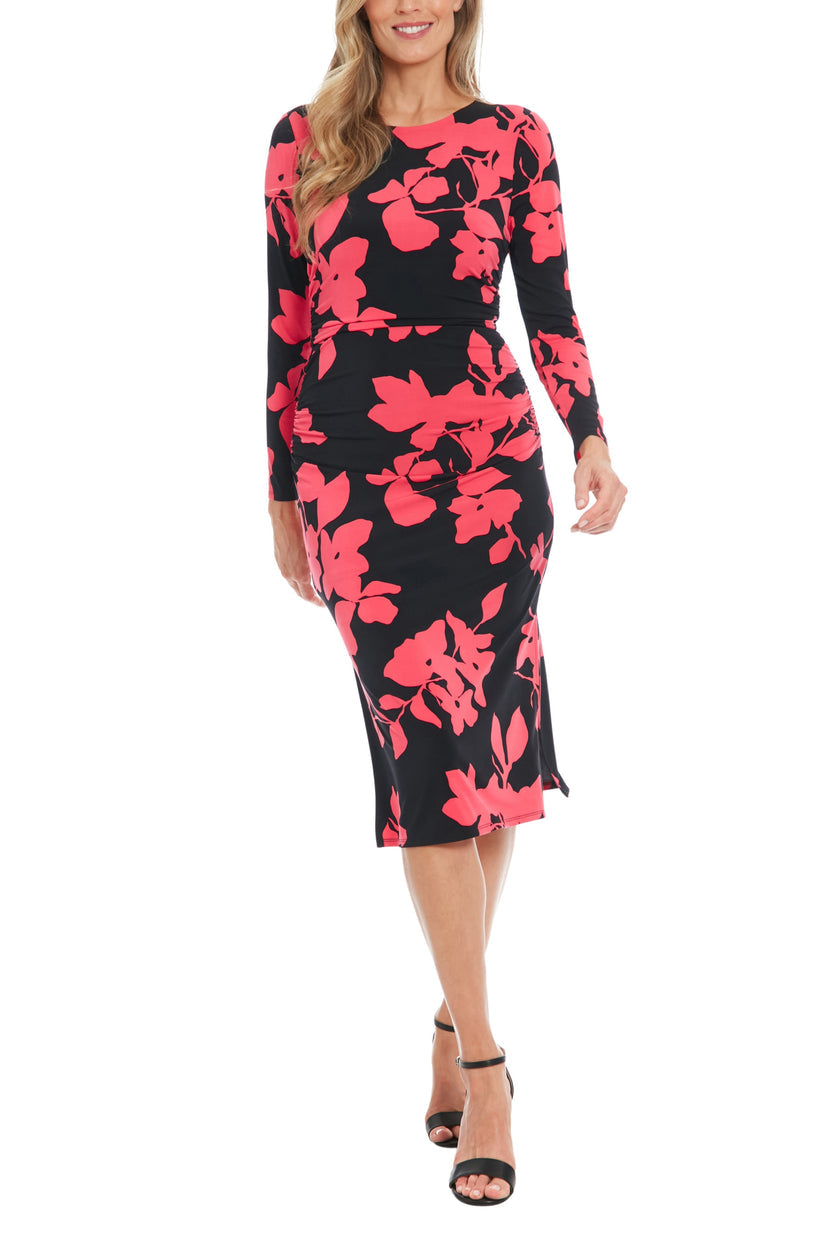 Cocktail Dresses Printed Long Sleeve Fitted Midi Cocktail Dress Black Berry