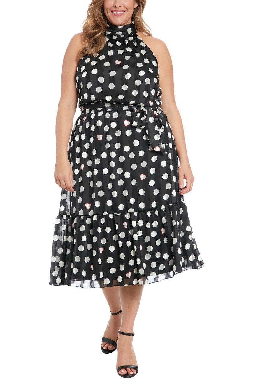 Plus Size Dresses Short Polka Dots Print Midi Length Plus Size Dress Black Cream