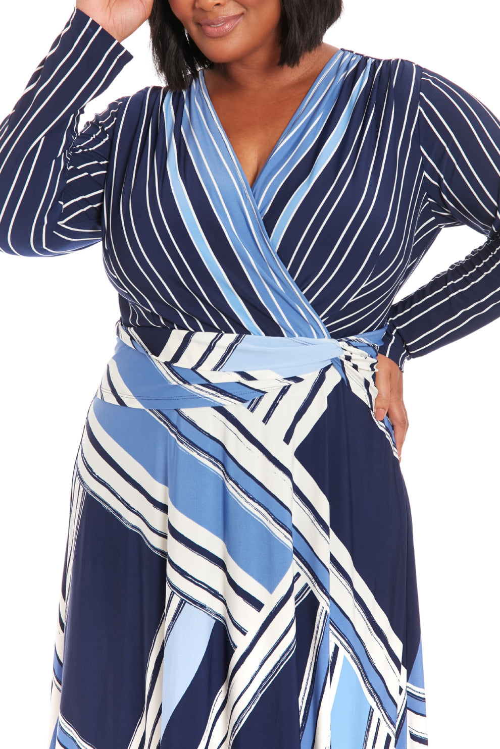 Plus Size Dresses Plus Size Long Sleeve Printed Cocktail Dress Ivory Blue