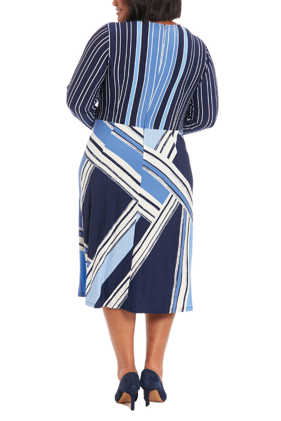 Plus Size Dresses Plus Size Long Sleeve Printed Cocktail Dress Ivory Blue