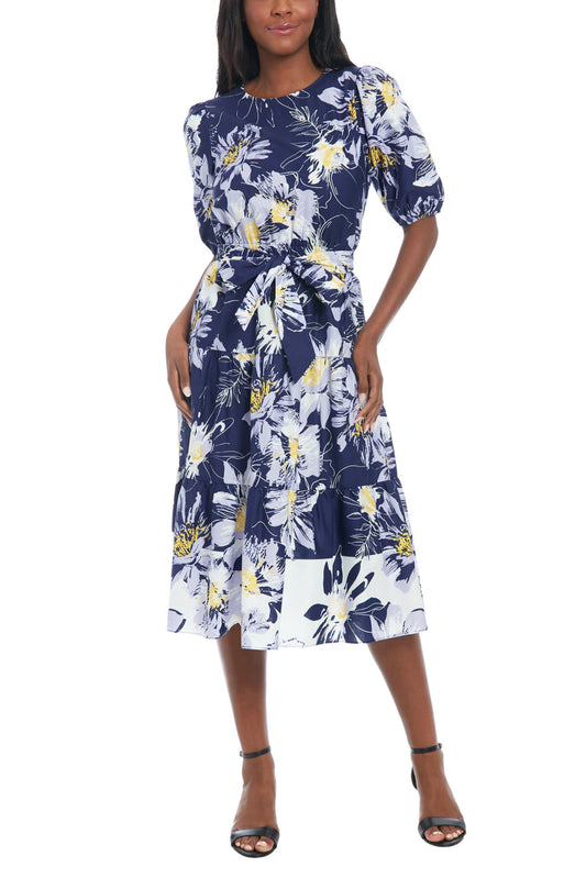 Cocktail Dresses Short Printed Tiered Cocktail Midi Dress Navy Ivory