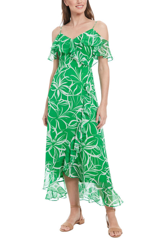 Cocktail Dresses High Low Floral Print Ruffled Cocktail Dress Green White