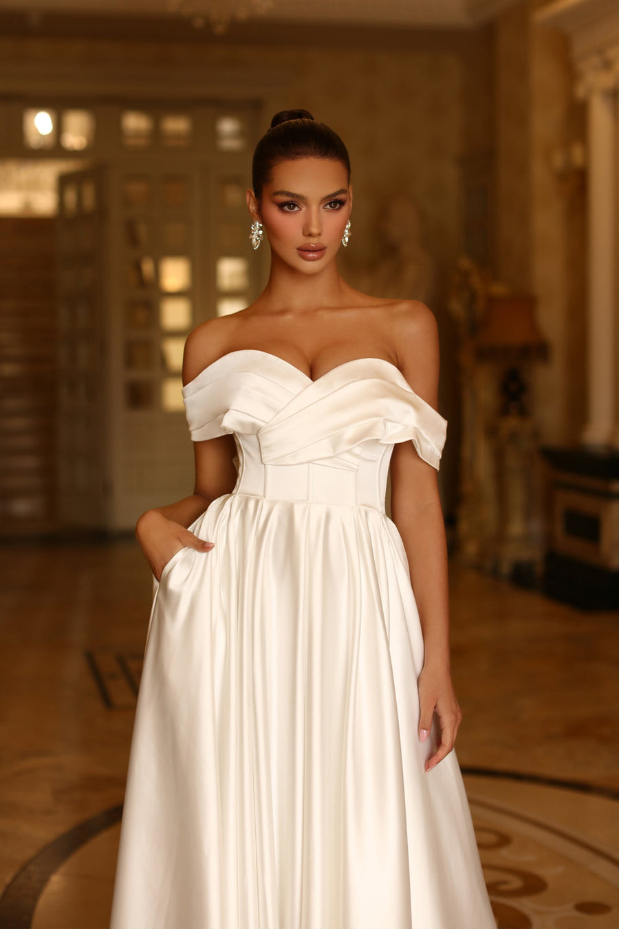 Wedding Dresses Long Pleated Satin Wedding Dress Off White