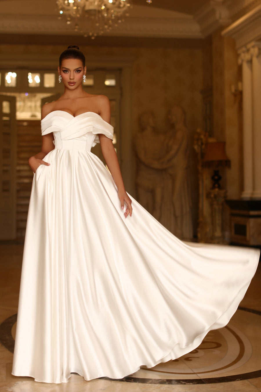 Wedding Dresses Long Pleated Satin Wedding Dress Off White