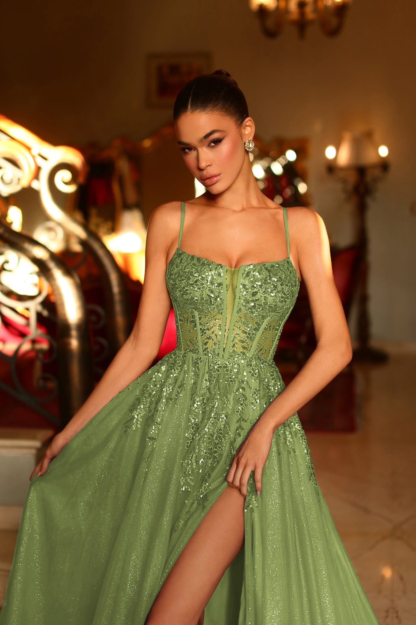 Prom Dresses Ball Gown Long Formal Slit Prom Dress Olive