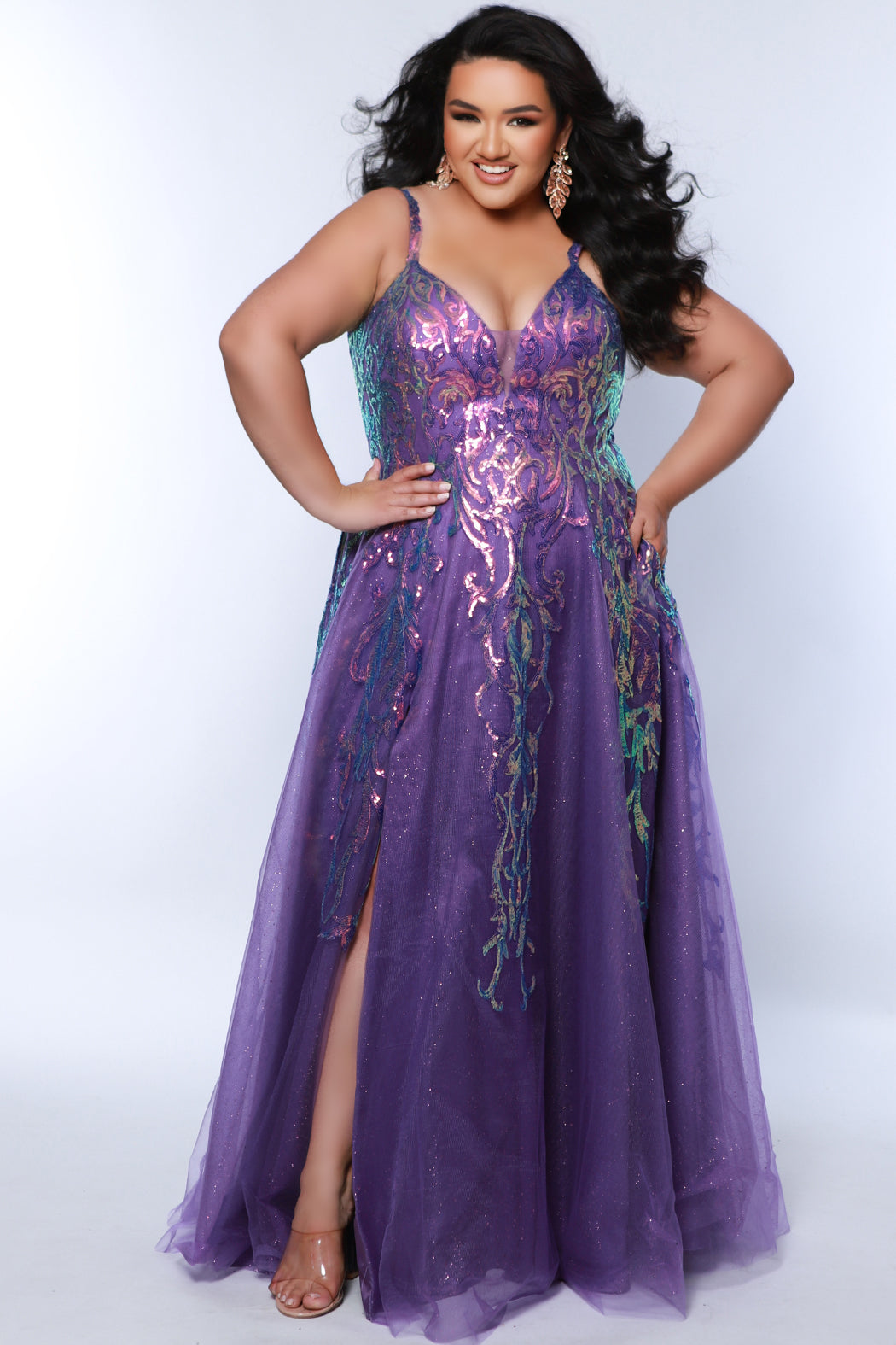 Sydneys Closet TE2302 Plus Size Long Formal A Line Glitter Prom Purple