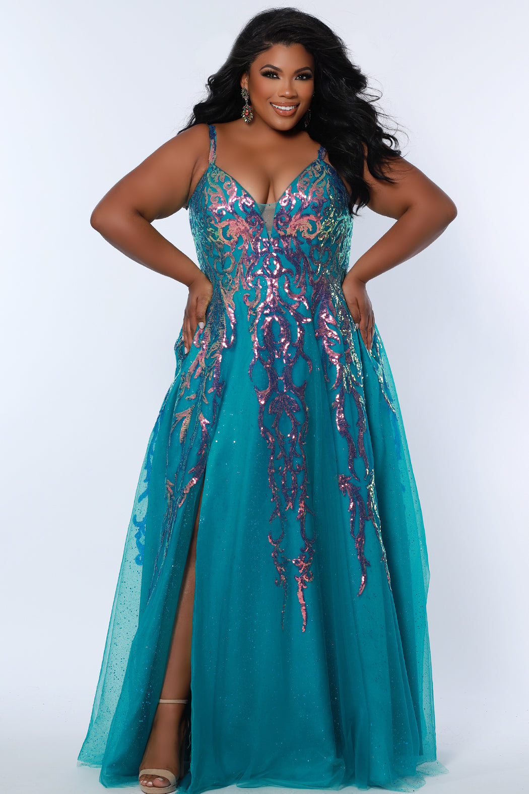 Sydneys Closet TE2302 Plus Size Long Formal A Line Glitter Prom Jade