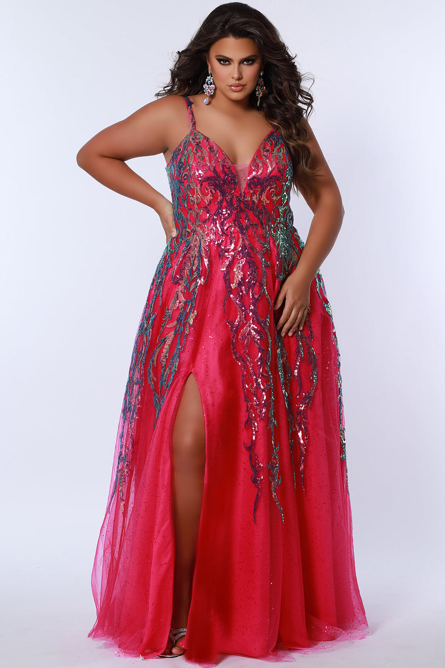 Sydneys Closet TE2302 Plus Size Long Formal A Line Glitter Prom Magenta