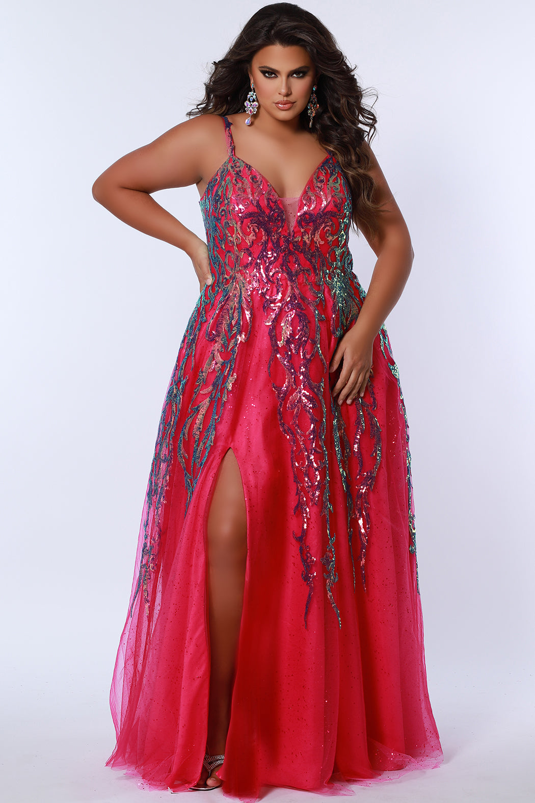 Sydneys Closet TE2302 Plus Size Long Formal A Line Glitter Prom Magenta