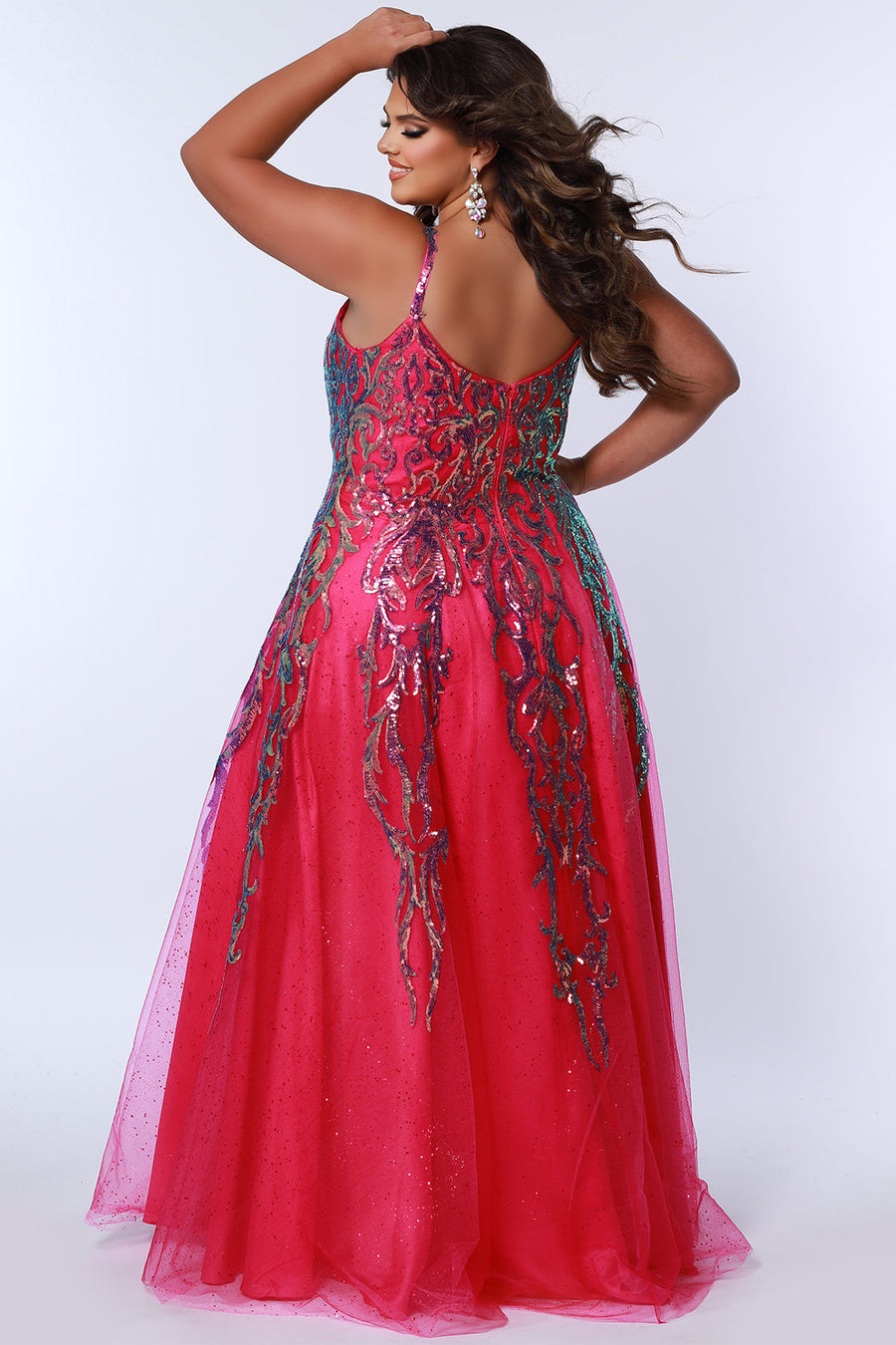 Sydneys Closet TE2302 Plus Size Long Formal A Line Glitter Prom Magenta
