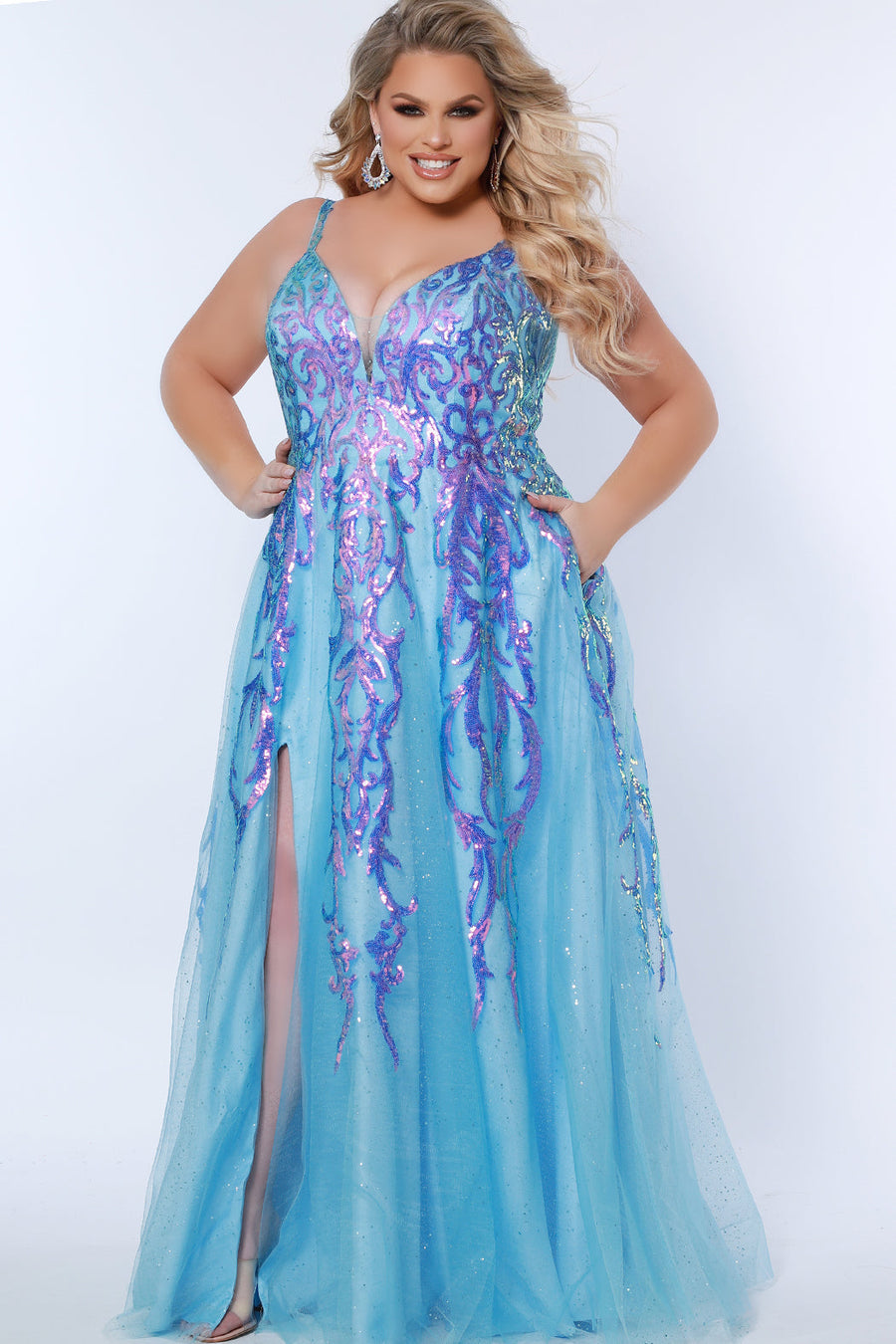 Sydneys Closet TE2302 Plus Size Long Formal A Line Glitter Prom Sky