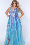 Sydneys Closet TE2302 Plus Size Long Formal A Line Glitter Prom Sky