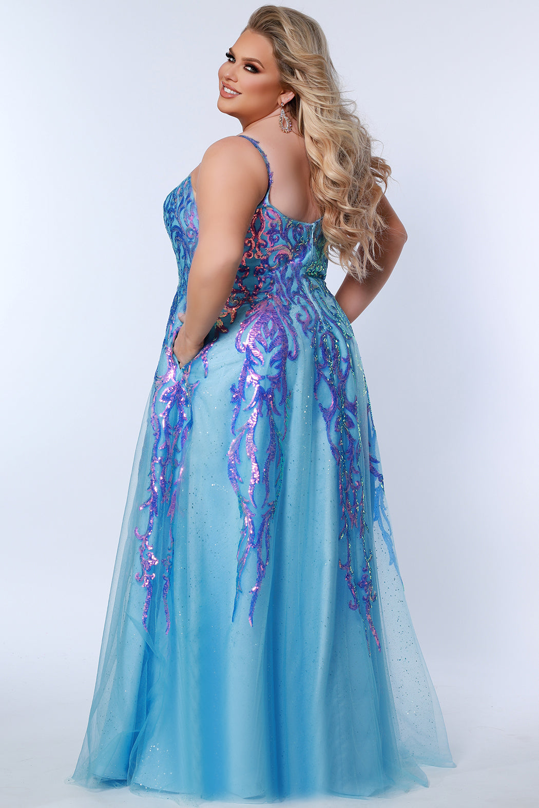 Sydneys Closet TE2302 Plus Size Long Formal A Line Glitter Prom Sky