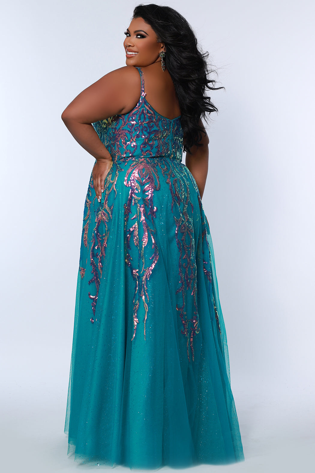 Sydneys Closet TE2302 Plus Size Long Formal A Line Glitter Prom Jade