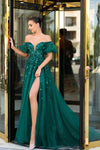 Prom Dresses Long Formal A Line Slit Prom Floral Dress Emerald