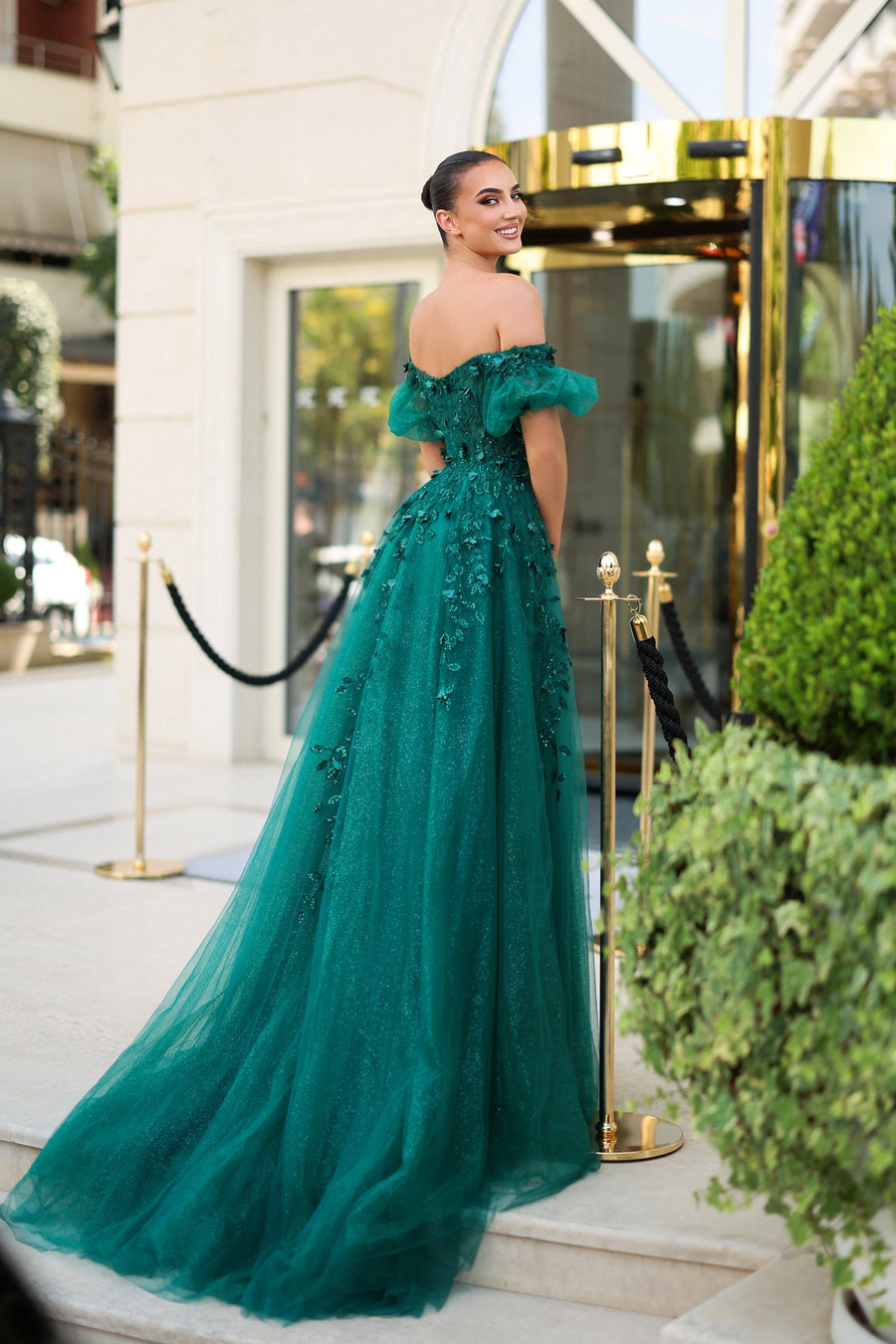 Prom Dresses Long Formal A Line Slit Prom Floral Dress Emerald