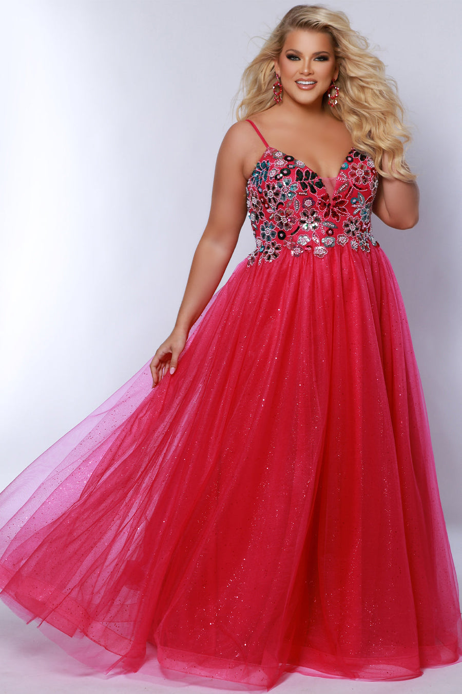 Plus Size Dresses A Line Long Formal Beaded Floral Prom Dress  Magenta
