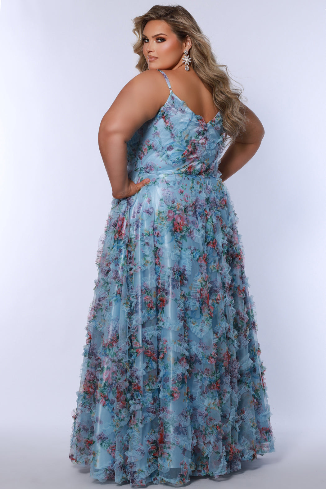 Plus Size Dresses Long Plus Size Formal Floral Pleated Prom Dress Baby Blue