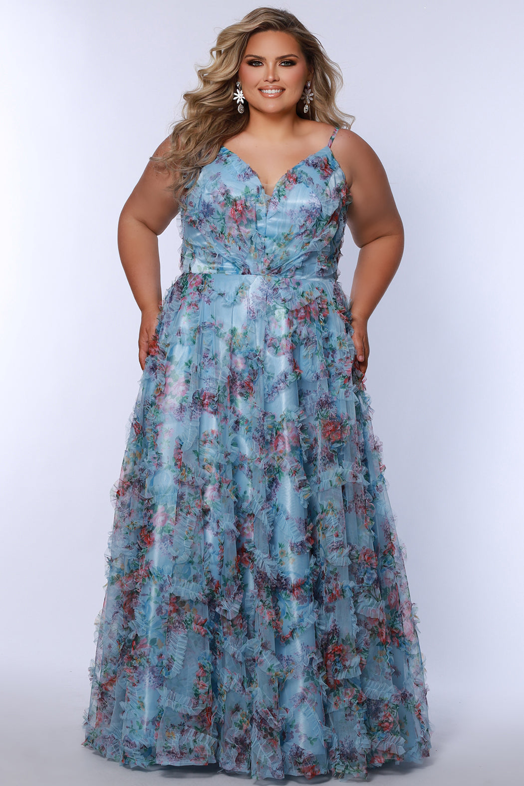 Plus Size Dresses Long Plus Size Formal Floral Pleated Prom Dress Baby Blue