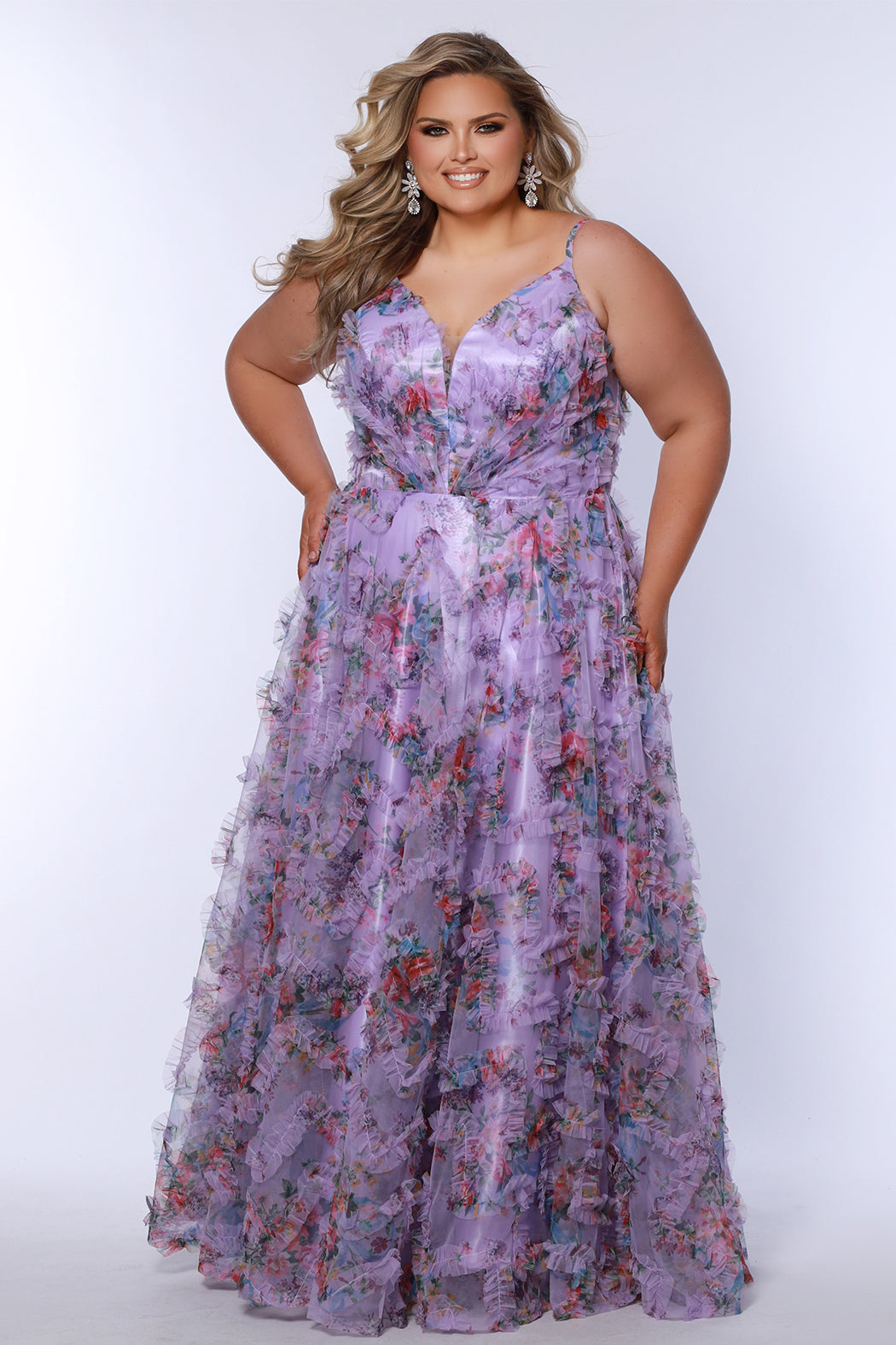 Plus Size Dresses Long Plus Size Formal Floral Pleated Prom Dress Lilac