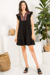 Cocktail Dresses Short Embroidered Knit Flutter Sleeve Dress Black